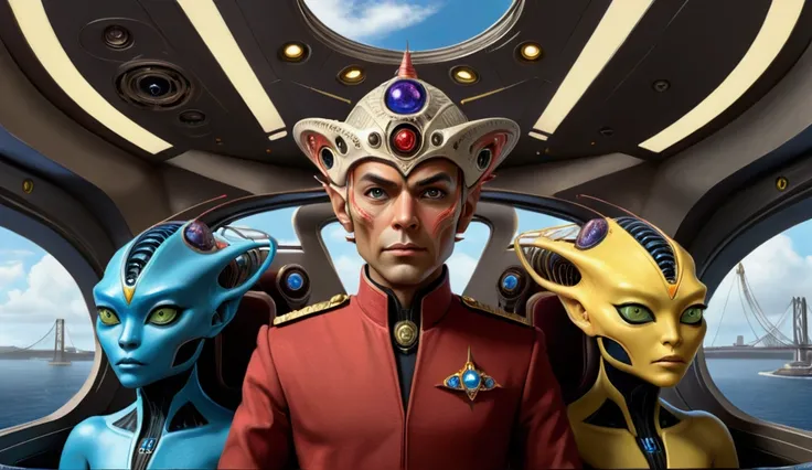 The bridge of the starship is abuzz with activity as a diverse group of 12 recently graduated Cosmicfleet Academy cadets and 12 officers from various species, one is anthropomorphic metallic red frog humanoid, 3 Humans, green aliens with antennas, coming o...