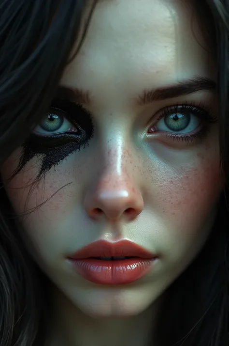 A female face with close-up of the eyes , where one eye represents good and the other represents evil