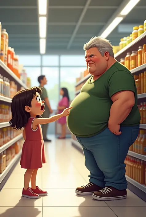  girl pointing at fat man in supermarket. Man is embarrassed