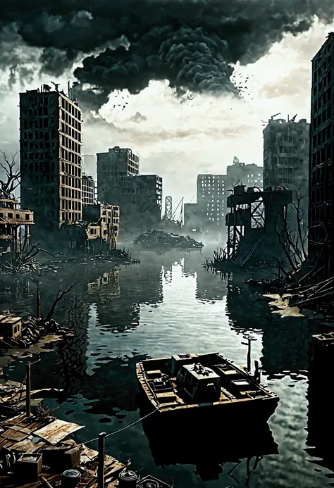 Realistic scenery, hyper detailed, post apocalyptic, mostly covered by water, an artificial island, detailed, super quality, high quality, full of buildings, destroyed buildings, finished, more darkness, dark scenario, post apocalypse, fog, darker, without...