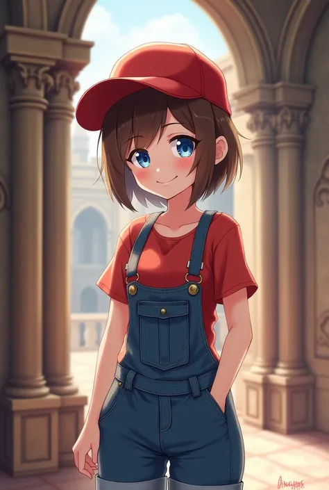 An anime girl with short brown hair and blue eyes, a red cap, a red shirt and blue overalls in a castle.high resolution, Alone, looking at the viewer, blush, breasts, smile, Anatomically correct, necessary, 