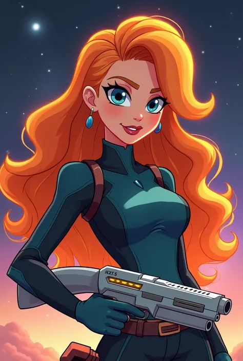 Eqg Adagio Dazzle human  with luminos vivid orange hair color as Jango Fett with a space gun