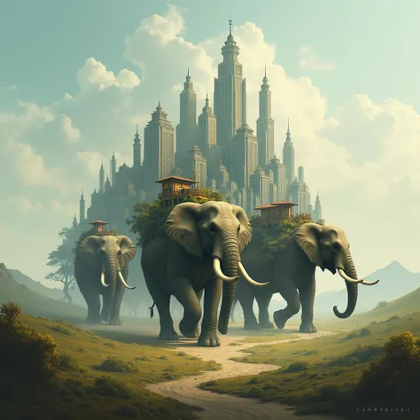 Elephants carry city in his back