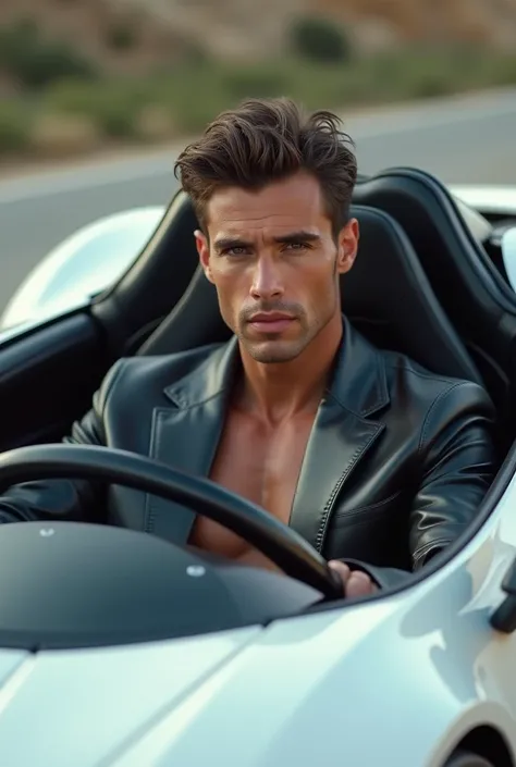 man, beautiful, elegant, white, skinny, soft leather, beautiful face pink muscled driving lamborghini  