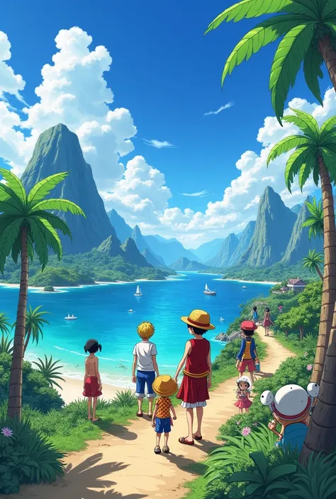 Give me a photo with a nice landscape and Luffy and his crew 
