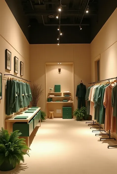 Interior Clothing Atelier  "bs" with straw colored wall and elegant green details,  innovative and modern. Less green 