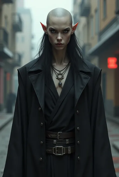 a skinny guy, looking like a 21st century necromancer, bald hair on top and long down the sides and with the look of a somewhat effeminate rocker 