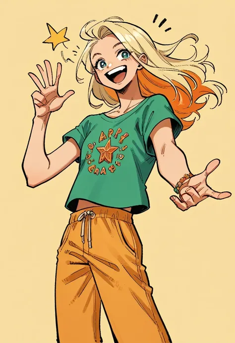 Kaya is a young woman of average height, slim, pale complexion and is a girl with long blonde hair. Her simple dress was replaced by yellow pants with orange stripes and a green low-cut sleeveless T-shirt with the word "happy" written on the chest.