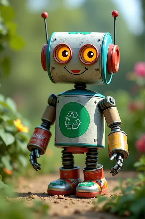 name: EcoBot Description:
EcoBot is a friendly and colorful robot made entirely from recycled materials. Its body is made of aluminum cans, His arms and legs are cardboard tubes, and his head is a plastic bottle. He wears a recycling symbol on his chest an...