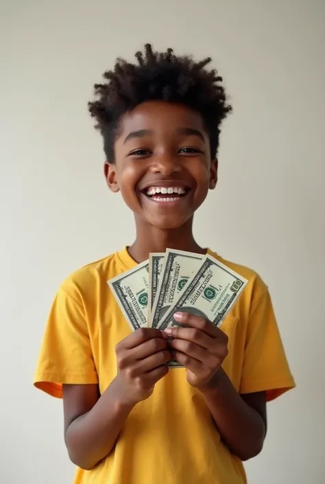 A TEENAGER WITH VERY SHORT HAIR AND DARK SKIN smiling and holding money