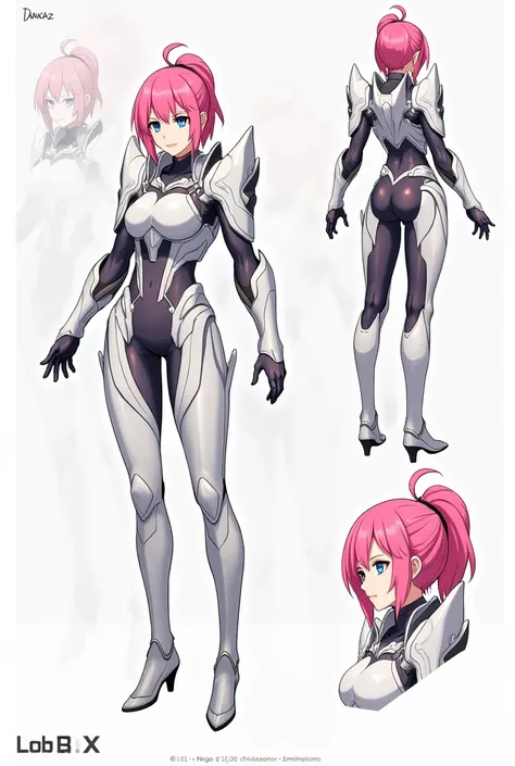 A female video game character that looks anime but is 2d, that looks like a design or sketch that has its full body in various perspectives, and have blue eyes and pink hair and the armor suit 