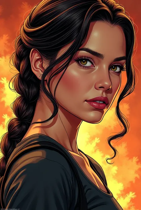 Reference to the book The Hunger Games, katniss girl with braids and defiant face, American comic style, not so similar to the movie.