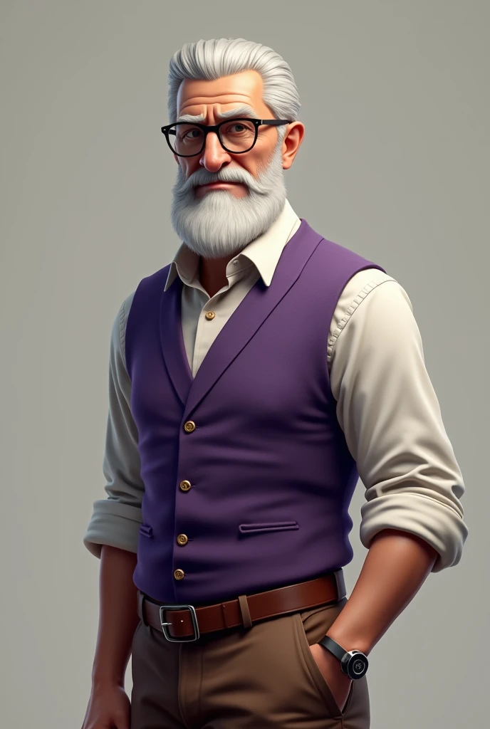 Create a person with a beard, white hair glasses white shirt with a purple vest belt and brown pants