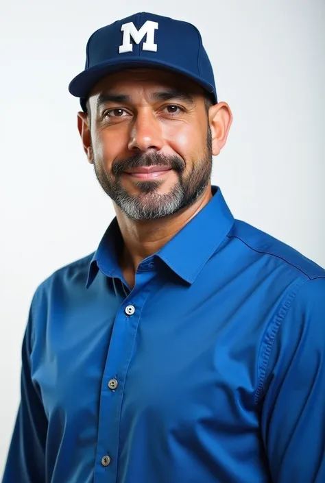 Pablo marcal com um boné de beisebol com a letra ((m)) and a blue shirt, com uma barba curta e  Usando um boné azul com um emblema branco “m” and a blue shirt combinando, the person is standing in front of a simple white background. Lighting is evenly dist...