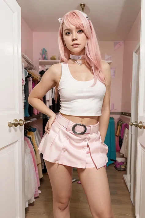 A girl who wears a pink mini skirt, a white crop top, a white jarette belt, white collars and pink heels, the girl has pink hair. the girl and in a room with a lot of costume racks everywhere and tidy away if there are costumes for girls