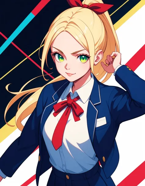 "A vibrant illustration of an energetic schoolgirl with a blonde ponytail, wearing a blue blazer, white shirt, and a red ribbon, embodying a modern and stylish student look. The character has large, expressive green eyes and a cheerful, confident expressio...