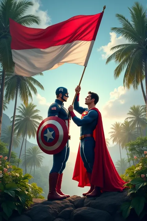 Create a Tanos poster of Captain America and Superman in Indonesia raising the Indonesian flag