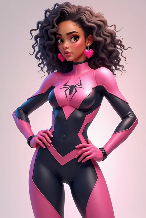 spider girl , with curly hair , light brown eyes , suit with a pastel pink color palette , dark pink and black , also with heart earrings