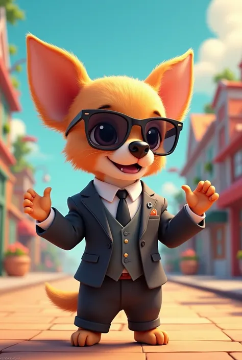 Disney style、dog、Chibi character、In a suit、Wearing sunglasses、On the phone、Has a bossy vibe、Please create an AI animated image of a long-coated chihuahua.