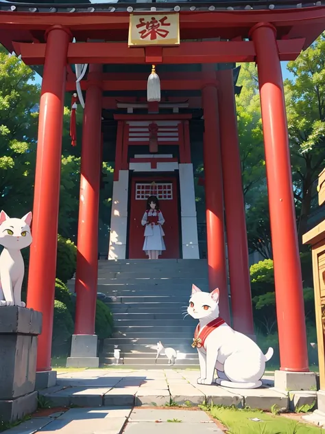 Close-up of the shrine maiden and the white cat