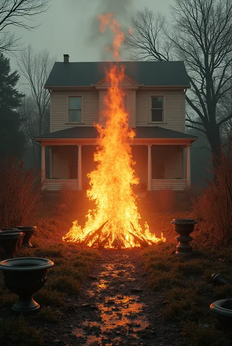 Jardin d’une maison avec des flammes sortant du sol, entourées de débris