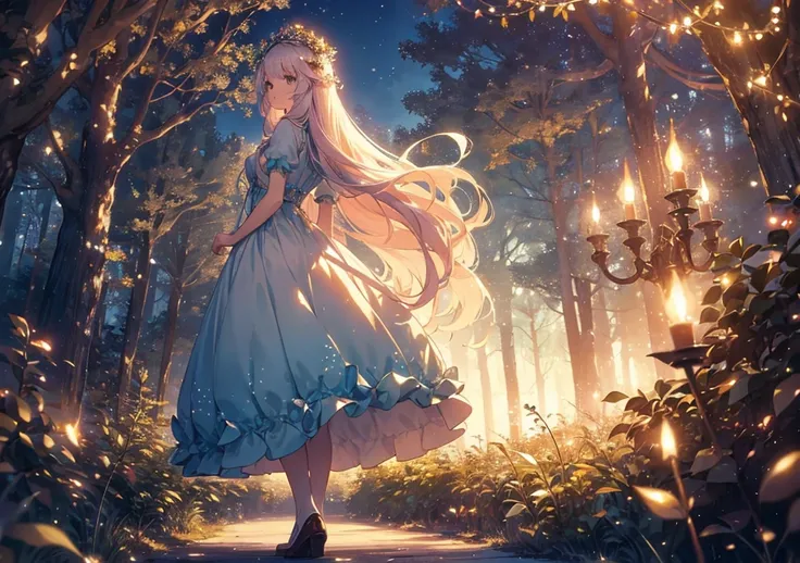 A Disney Princess-style girl with long flowing hair, standing in a magical forest. The scene is filled with soft, glowing lights, and her dress flows gently in the wind. The atmosphere is fluffy and dreamlike, as if shes in a fairytale