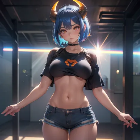 nsfw, girl, short blue hair, orange eyes, horns, big breasts, exposed stomach, short shorts, loose gray short-sleeved t-shirt, b...