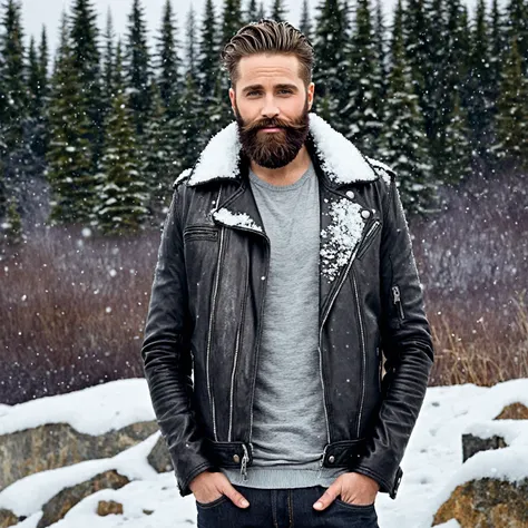 Change the person in the photo to Canada, change your clothes to winter clothes and put snow in the scene, keep the character of the photo, not change the people of this photo, he is a man, whithout beard, change to a leather jacket