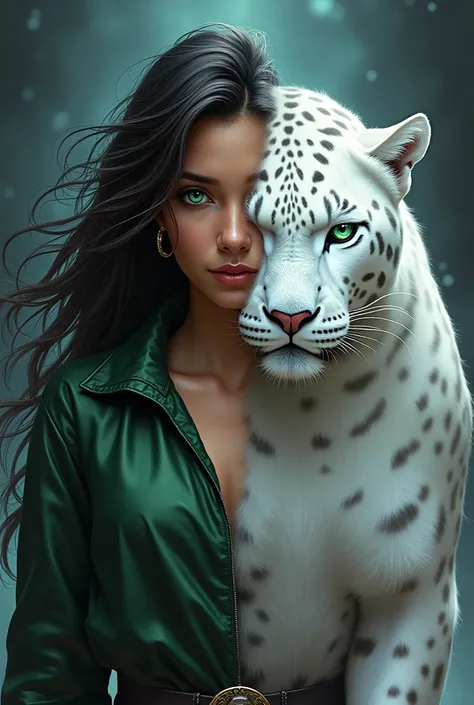 Create an illustration of Lysandra split into two halves to highlight her shapeshifting nature.. In one half, Lysandra appears in her human form, a young woman with dark hair and emerald green eyes, with a determined and elegant expression, dressed in prac...