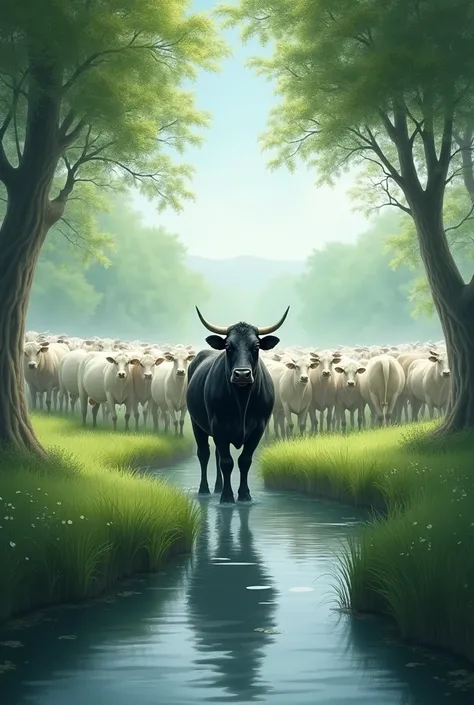 Black cow behind,
herd of white cows separated from black cow,
Black cow alone,
Green plain and trees, 
Separated by a small water channel,
Black cow alone al otro lado del canal,
Black cow drinking water.
