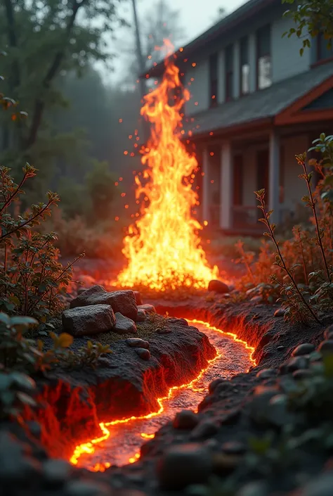 Jardin d’une maison avec des flammes sortant du sol, entourées de débris. On peut voir des fissures de volcans a travers lesquels on peu voir le feu