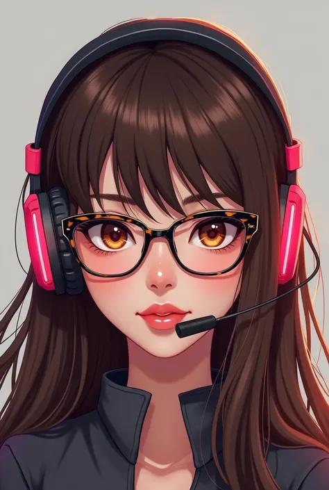 Create image identity of female gamer named Pantufa Pink, with brown eyes and brown hair, no bangs, usando headset gamer de Pc. Front face only. Give me ten options of glasses please 