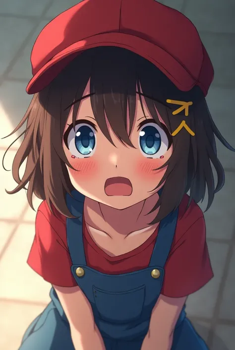 Alone, anime girl, high resolution, blush, Anatomically correct, short hair, brown hair, messy hair, wavy hair, blue eyes, red shirt, Red Cap, Blue overalls, white gloves, ashamed, Excited, throw, castillo, blurred background, Chapped lips, open eyes, 