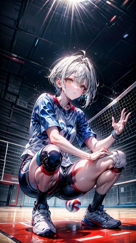 volleyball player. Short white hair (silver) with dyed tips, bright yellow eyes, wears a blue volleyball shirt (((number 7))) combined with matching shorts. She wears captain accessories, focusing on functionality with knee-high socks and white athletic sh...