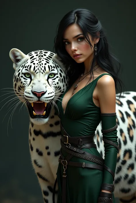 Create a photorealistic image of Lysandra, a young and beautiful woman with dark hair and emerald green eyes, standing with a determined and fierce expression. She is dressed in elegant but practical clothes, highlighting its power and grace. Behind her, a...