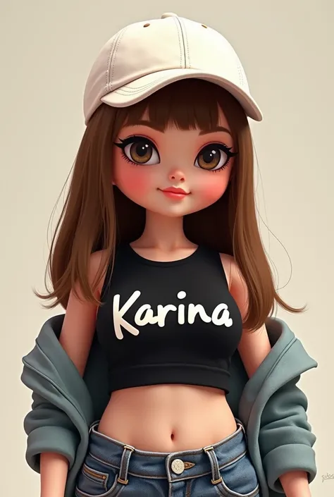 A chubby bratz doll with straight brown hair and white skin, He is wearing a white cap and a black top that bears his name. "Karina" and a jacket on the shoulder.