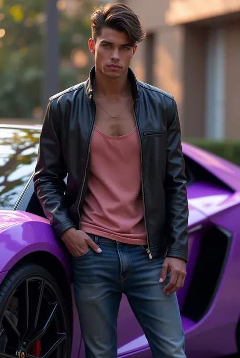 man, beautiful, Handsome, white, skinny, soft leather, rostro Handsome camisilla musuloso  rosada a lado de un  lamborghini  play boy  Anatomico lila de cuerina semi desnudo