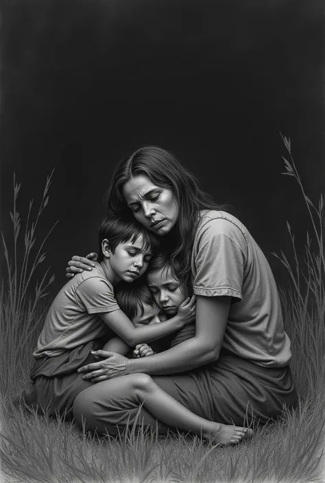 Drawing of a poor woman sleeping at night in the grass with her 4 children 