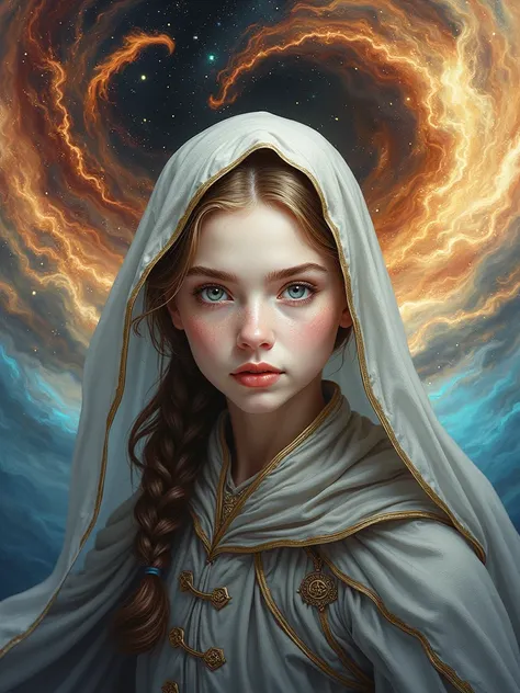 (A very detailed, High quality, Best quality, Official art, Beautiful and aesthetic:1.2), (One girl), Eyes with very fine details, (Fractal art:1.3), colored, Top detailed, (Perfect Face), Shiny skin, High Dynamic Range, (White cloak with gold stripes:1.2)...