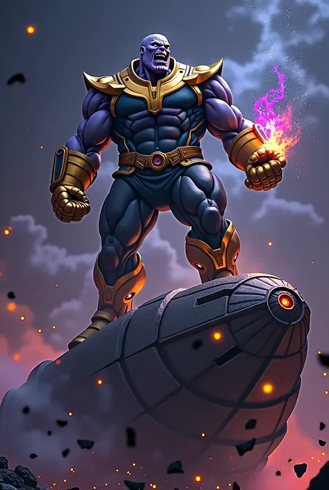 Angry Thanos on top of his ship using the gems 