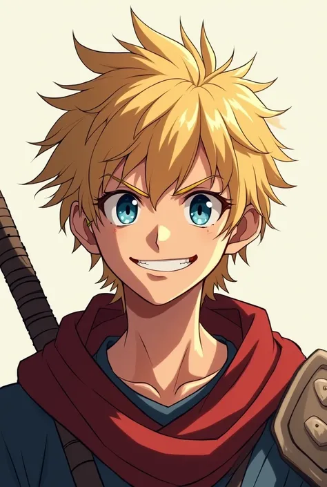 Fierce fanged young anime warrior with messy and long blonde hair, short beard, and friendly deep blue eyes smiling at viewer