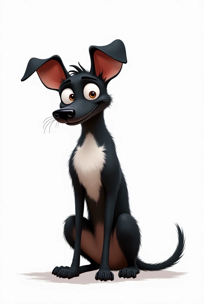 A Pixar-style drawing of a large, thin, short-haired black dog with a white bib-shaped patch on its chest against a white background.