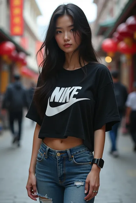 Very young beautiful Tibetan woman with slanted eyes and black hair in a black and white Nike t-shirt with a big logo, who wears jeans pants going to the navel and white and black Nike Air Force 1 shoes she is 20 years old and she is in the city of lhasa w...