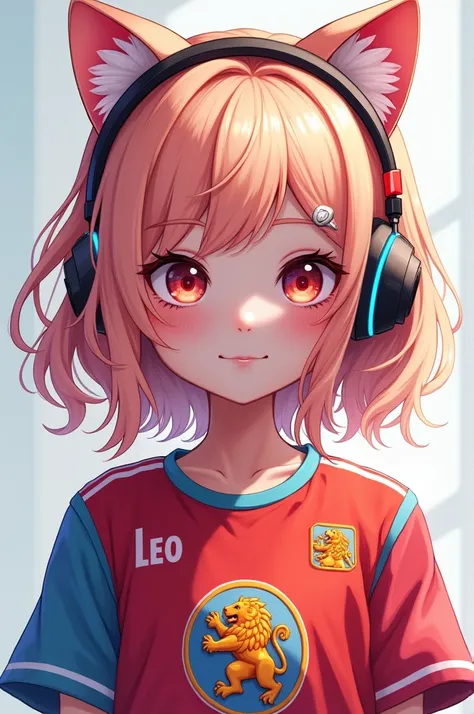 A girl with a light peach hair, wearing a headphone with a cat ear design on it. Shes also wearing a gaming jersey shirt with the zodiac sign of leo