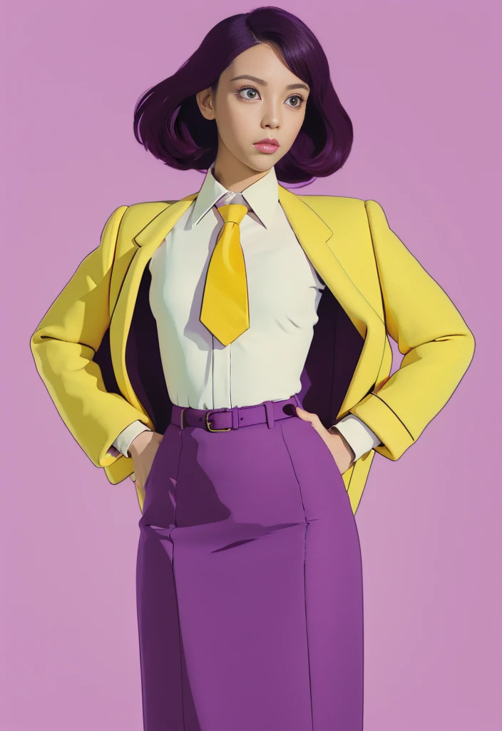 flat art, minimal art, high resolution, 1 Women, Hips up, Big eyes，Beautiful eyes, Hair with a purple gradient, ringed eyes, Collared shirt,a yellow tie,Purple skirt, pencil skirts, Fur coat