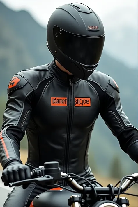 Create an image of motorbike leather suit with hump my logo written "Leather Scope" front and back side 