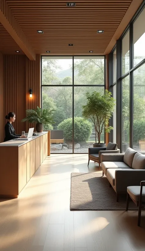 Reception area decorated with a Japandi style of interior design