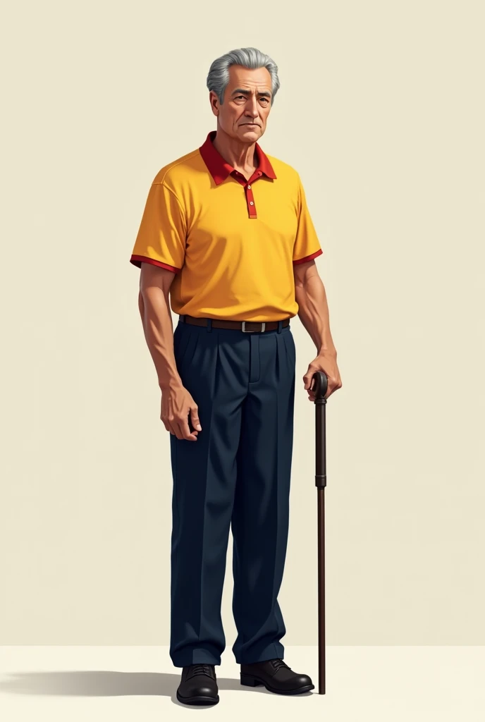 Male teacher in his 60s and slim build dressed in black shoes, Dark navy blue trousers, Yellow polo shirt With a red collar Let your hair be Between white Through your gray Like a little bit of black... Let him have his cane And his hair be short And let h...