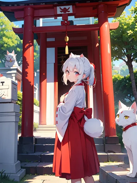 Close-up of the shrine maiden and the white cat