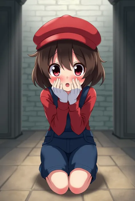 Alone, anime girl, high resolution, blush, Anatomically correct, short hair, brown hair, wavy hair, completely black eyes, red pupils, Red shirt with long sleeves, Red Cap, Blue overalls, white gloves, ashamed, Excited, throw, castillo, blurred background,...